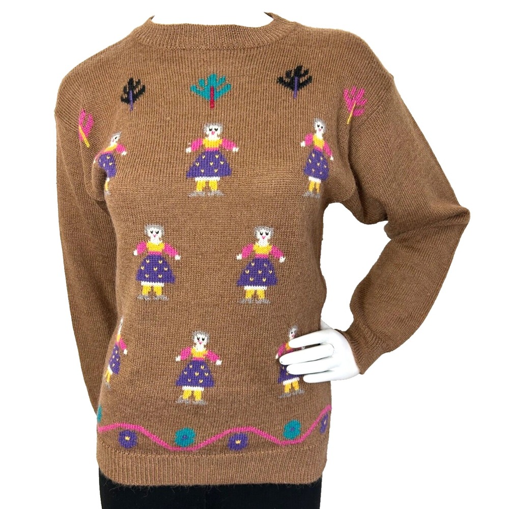 Jantzen Vintage Knit Sweater Womens Small Brown Novelty Doll Tree Crewneck EUC
